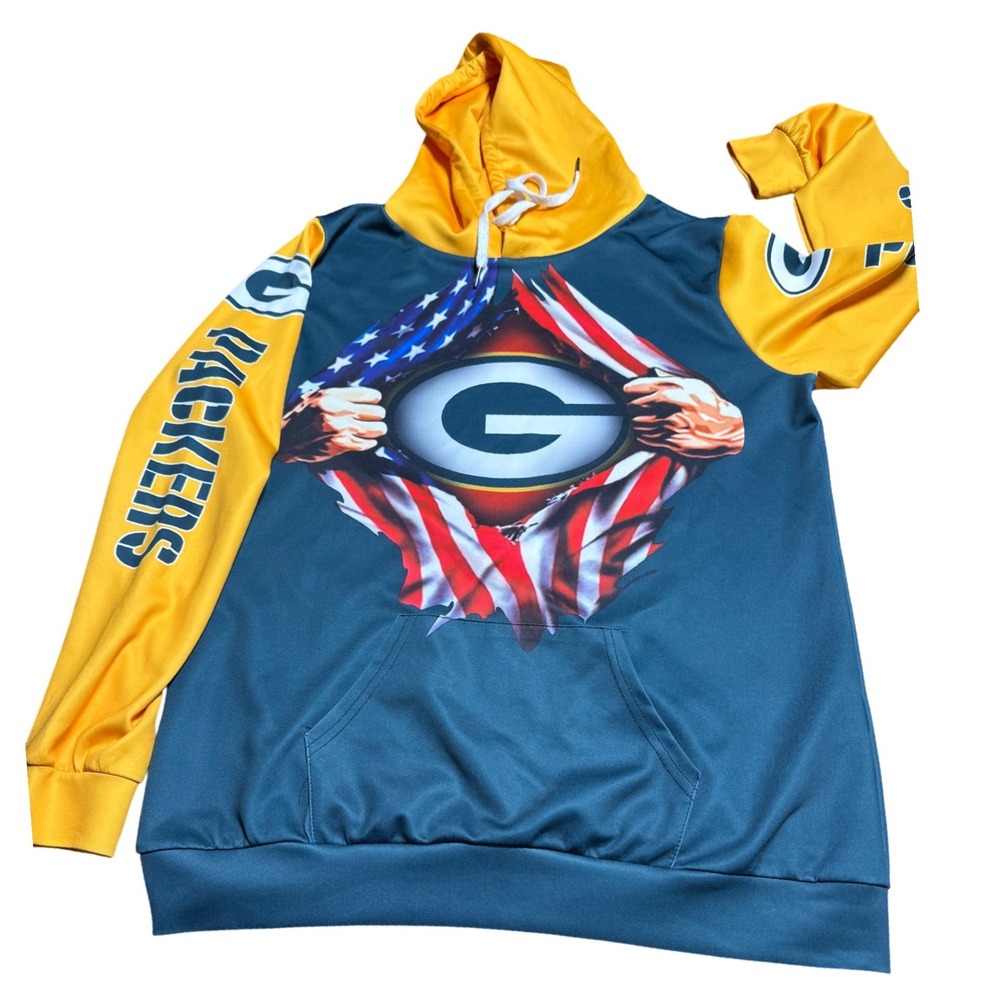 Patriotic Green Bay Packer USA Flag Graphic Hoodie Pullover L/XL Unisex Football - Picture 4 of 7